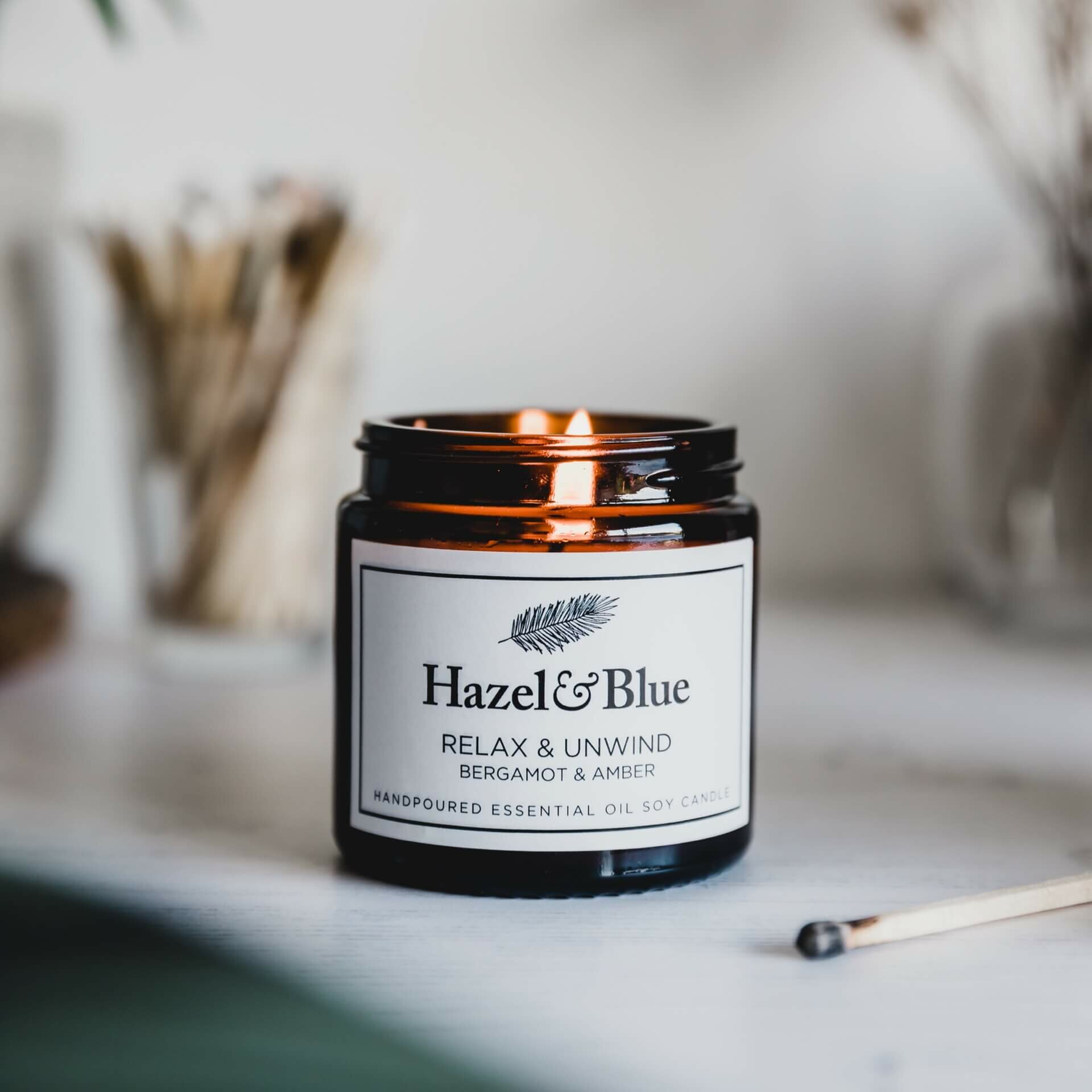 20-03-Hazel-and-blue-candles-13 Relax & Unwind Bergamot and Lavender Essential Oil Soy Candle